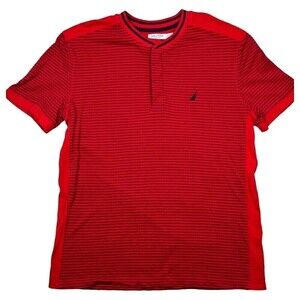 NAUTICA Men's Slim Fit Red Navy Stripe Henley S/S Polo Hidden Snaps Size XL